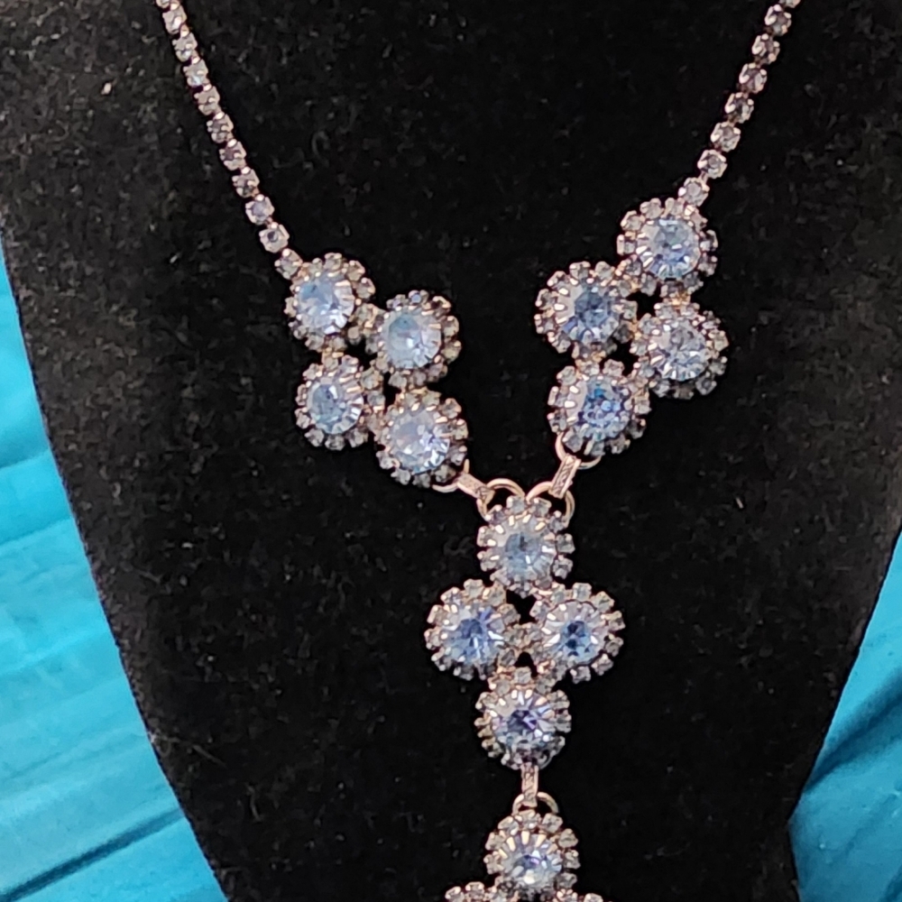 Necklace Vintage Antique Blue Rhinestone & Rhodium Plated